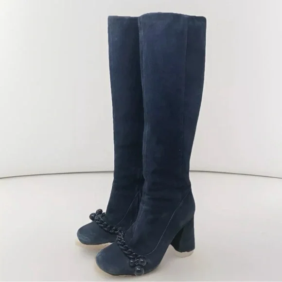 Tory Burch Addison Blue Suede Tall Boots Womens size 8M Royal Navy #44914 Zip Up - Picture 14 of 14